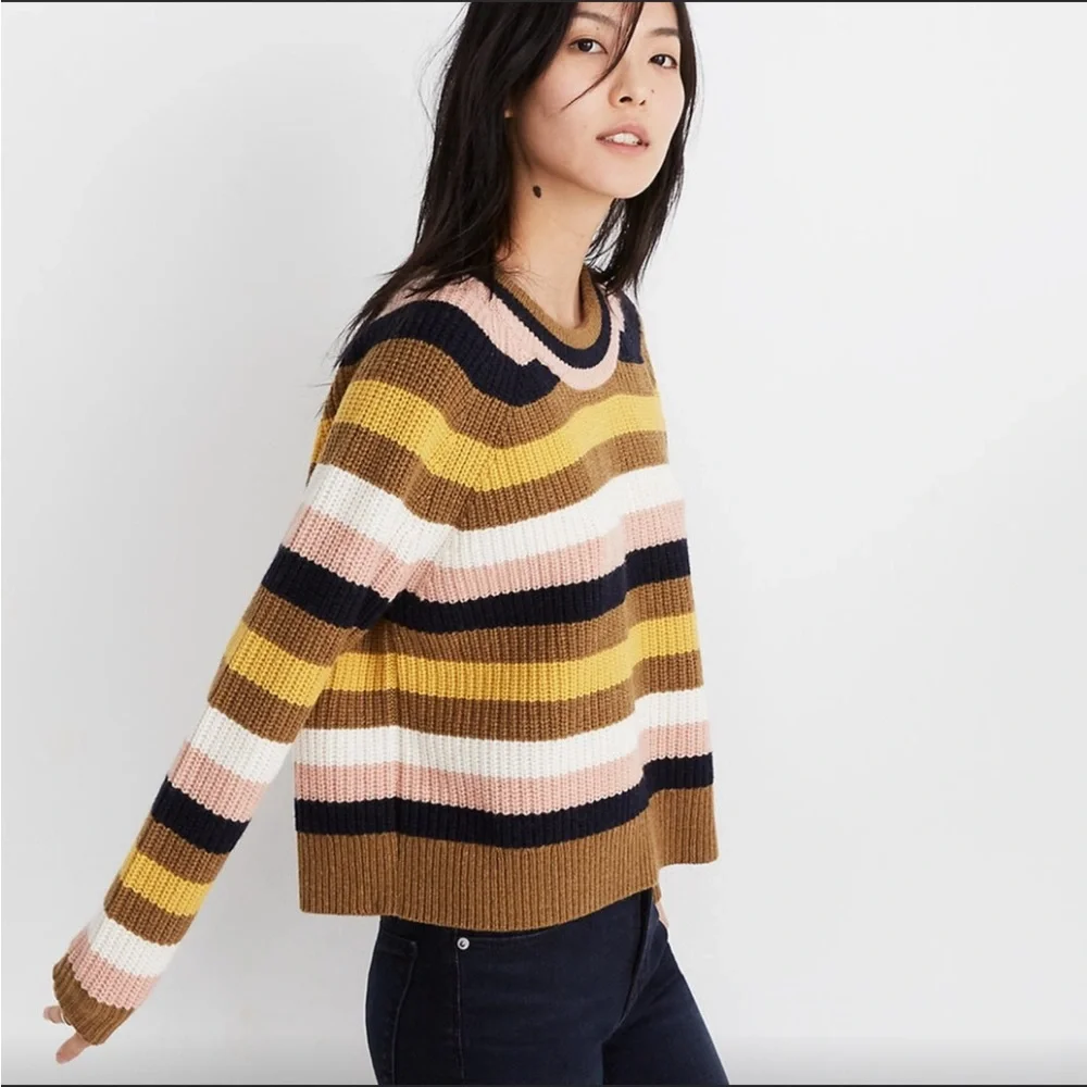MADEWELL Tilden Brown Pink Cream Striped Merino Wool Knit Sweater Small